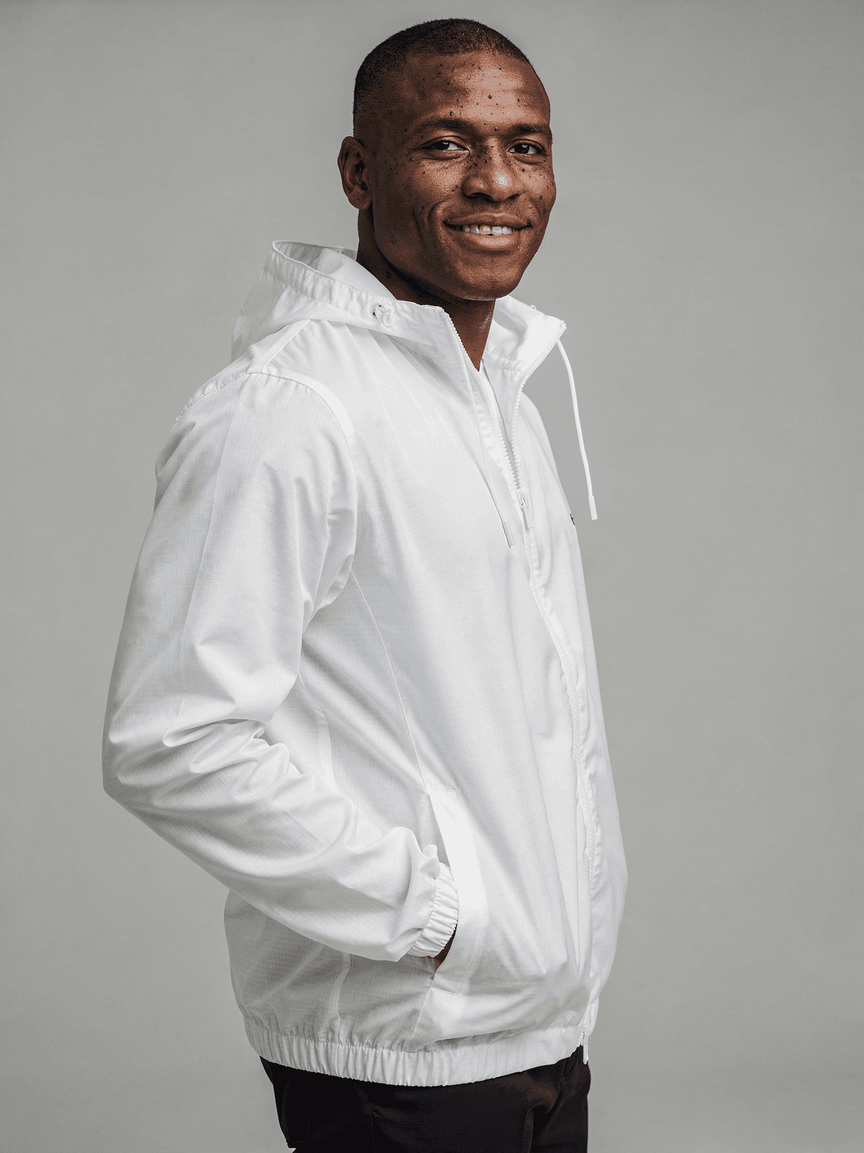 White Tri-Blend Windbreaker Mockup on Male Model
