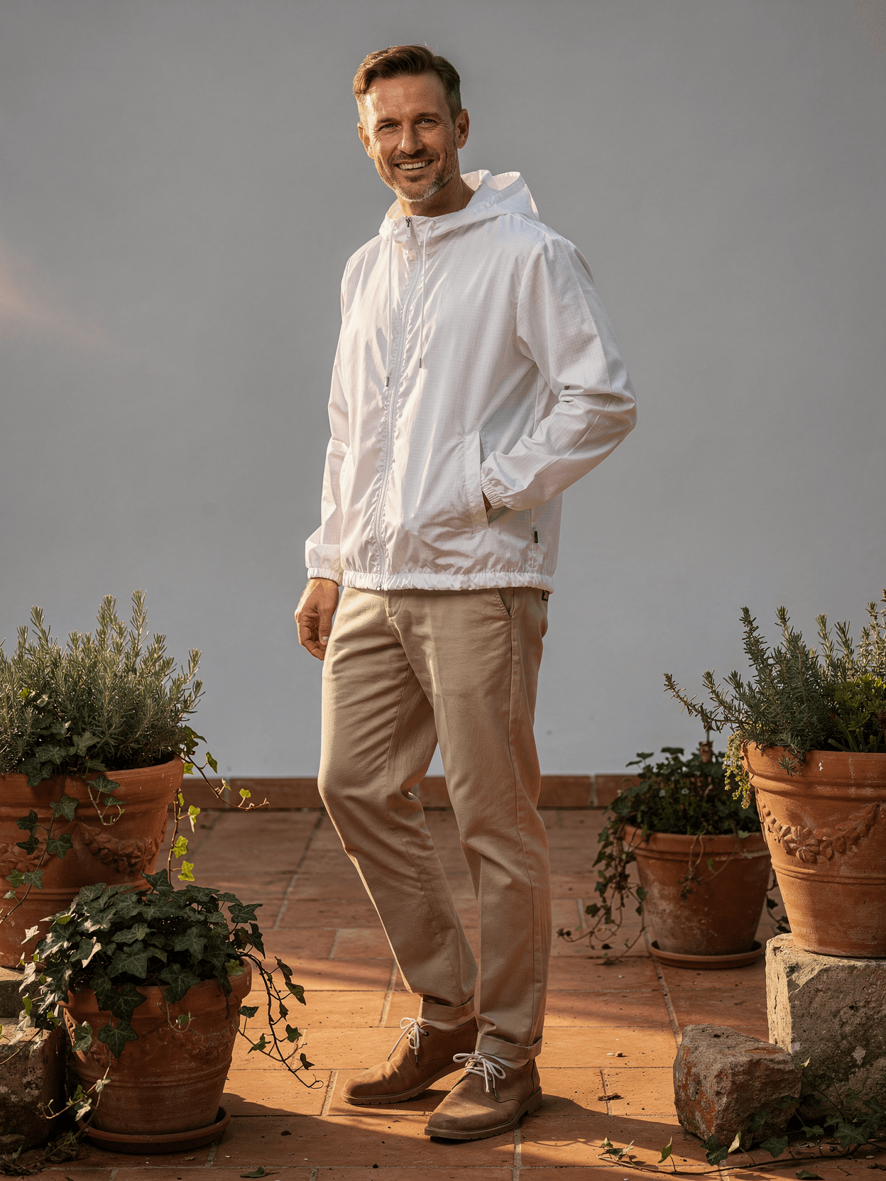 White Windbreaker Mockup on Male Model - Garden Terrace
