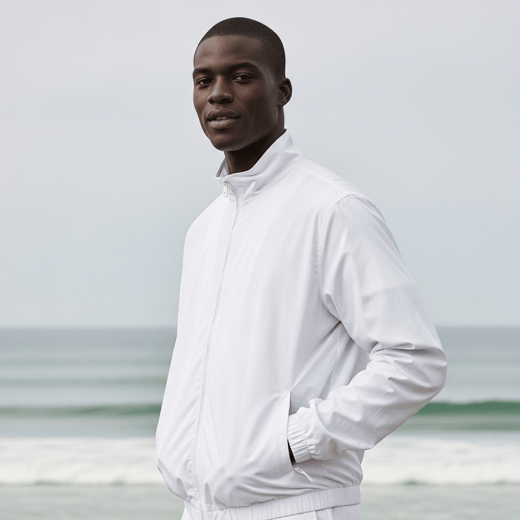 White Cotton Windbreaker Mockup on Male Model