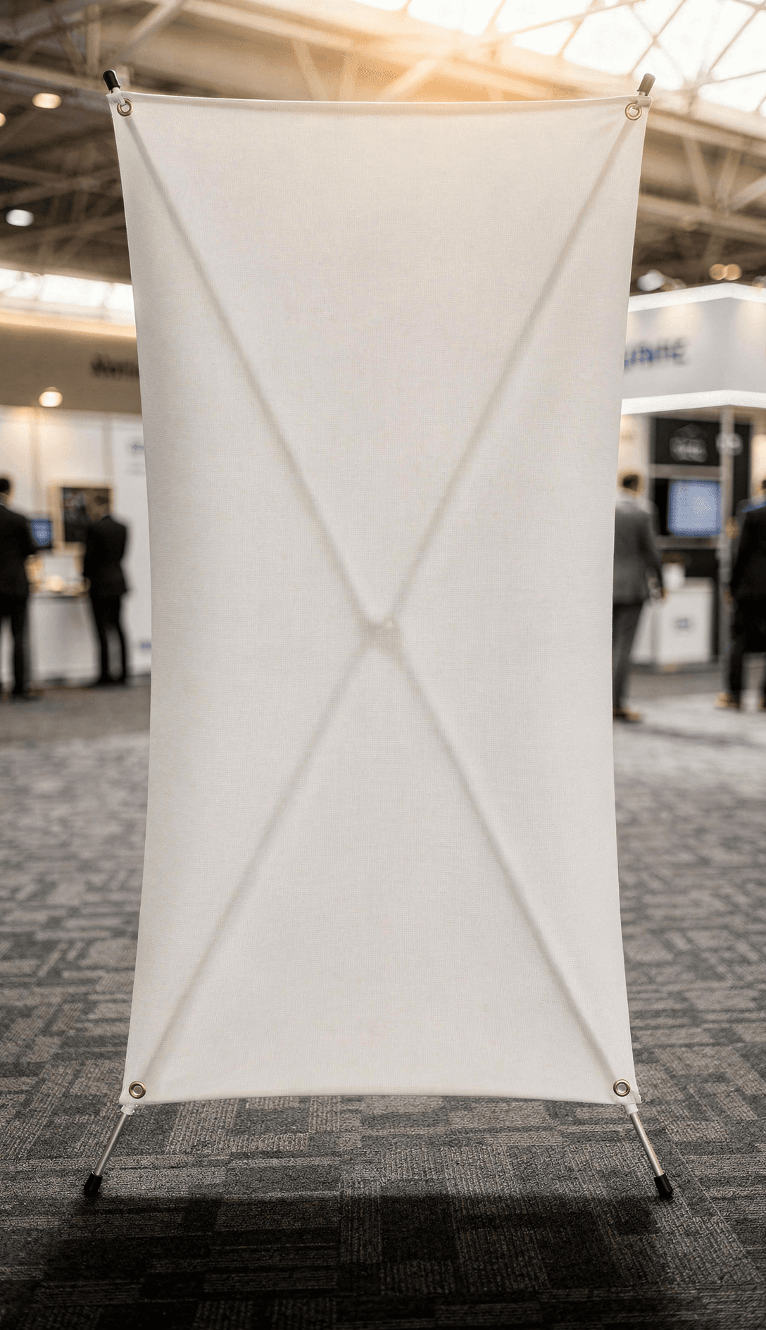 White X-Banner Stand Mockup - Trade Show Setup — Low Angle Empowerment Shot