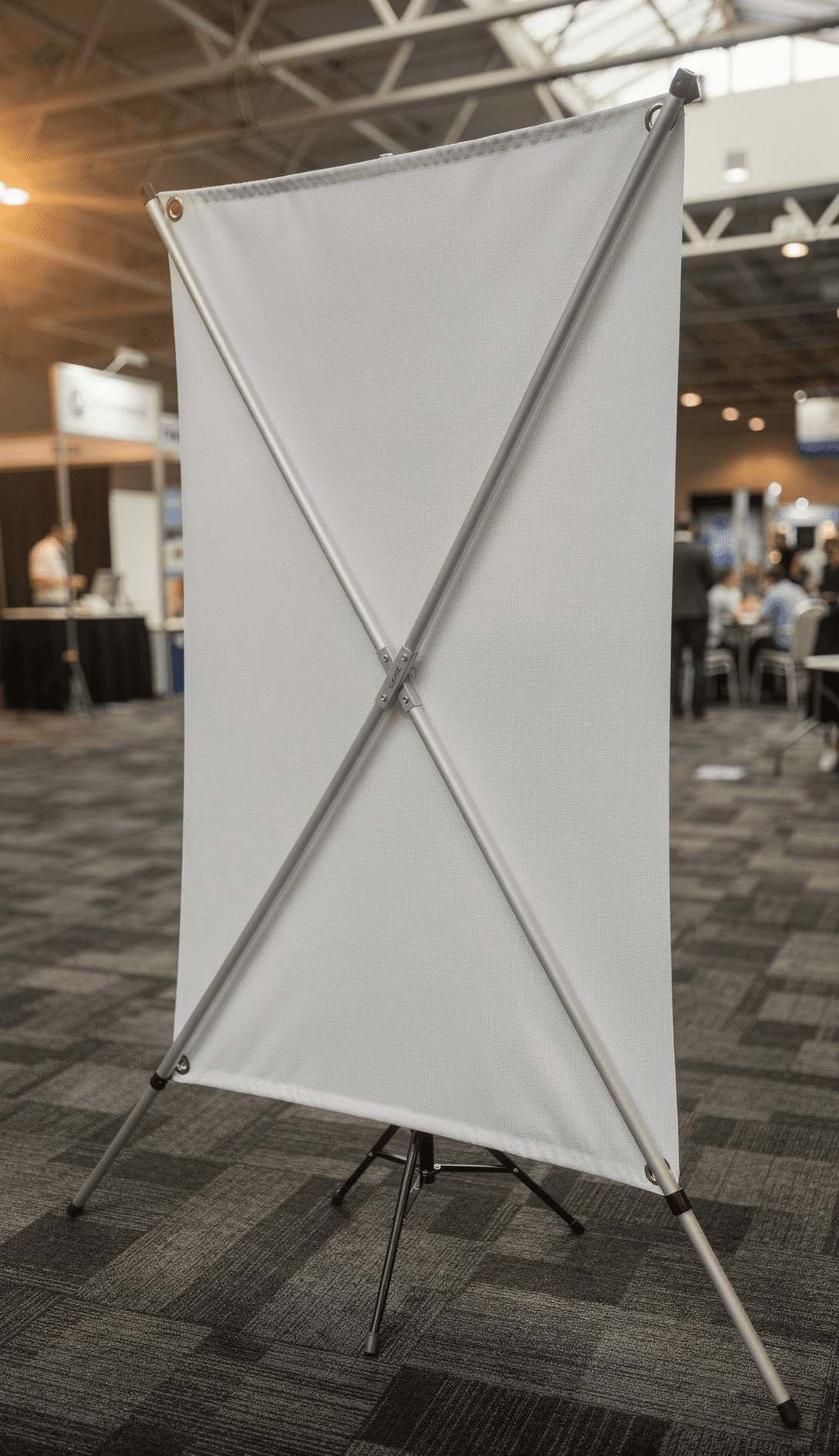 White Vinyl X-Banner Mockup - Trade Show Setup — Low Angle Empowerment Shot