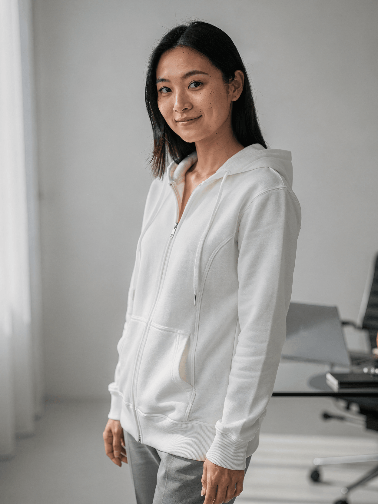 White Zip-Up Hoodie Mockup on Female Model
