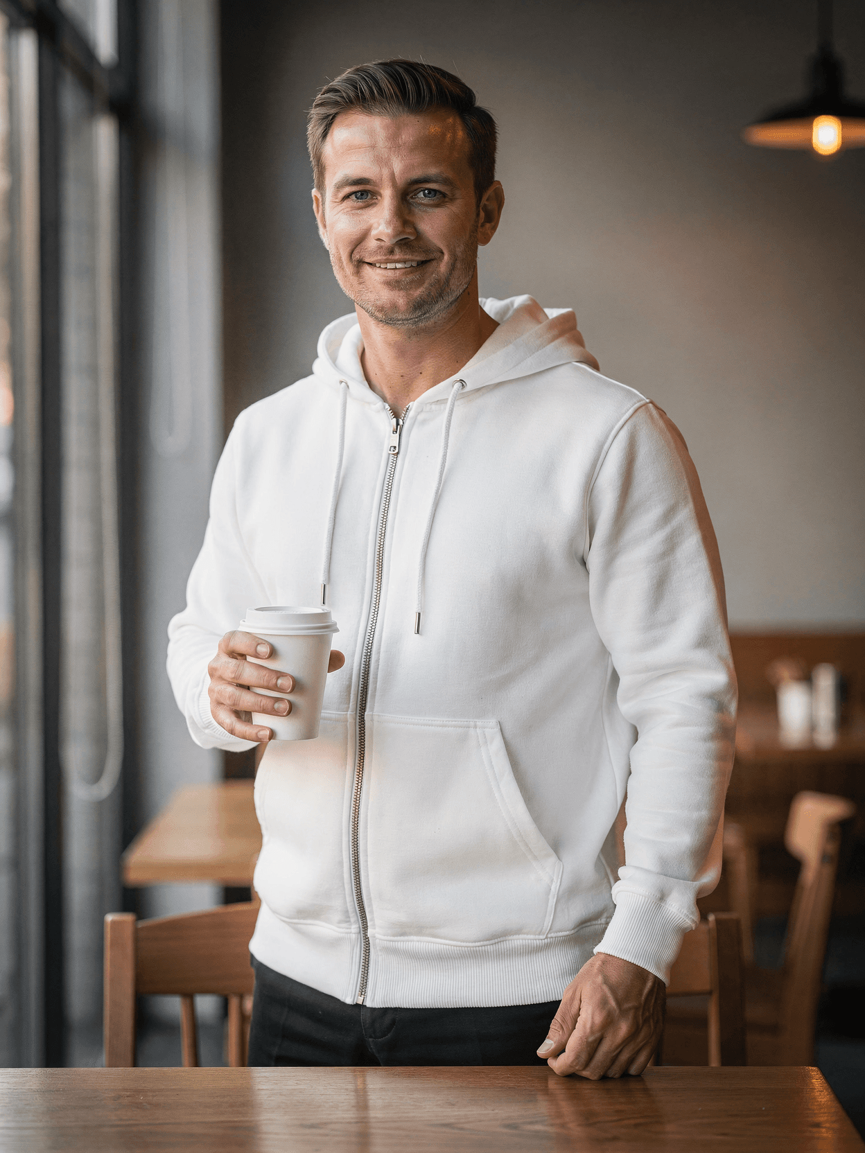 White Organic Cotton Zip-Up Hoodie on Male Model