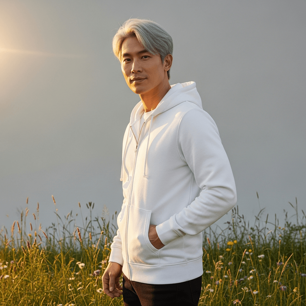 White Zip-Up Hoodie Mockup on Male Model - Outdoor