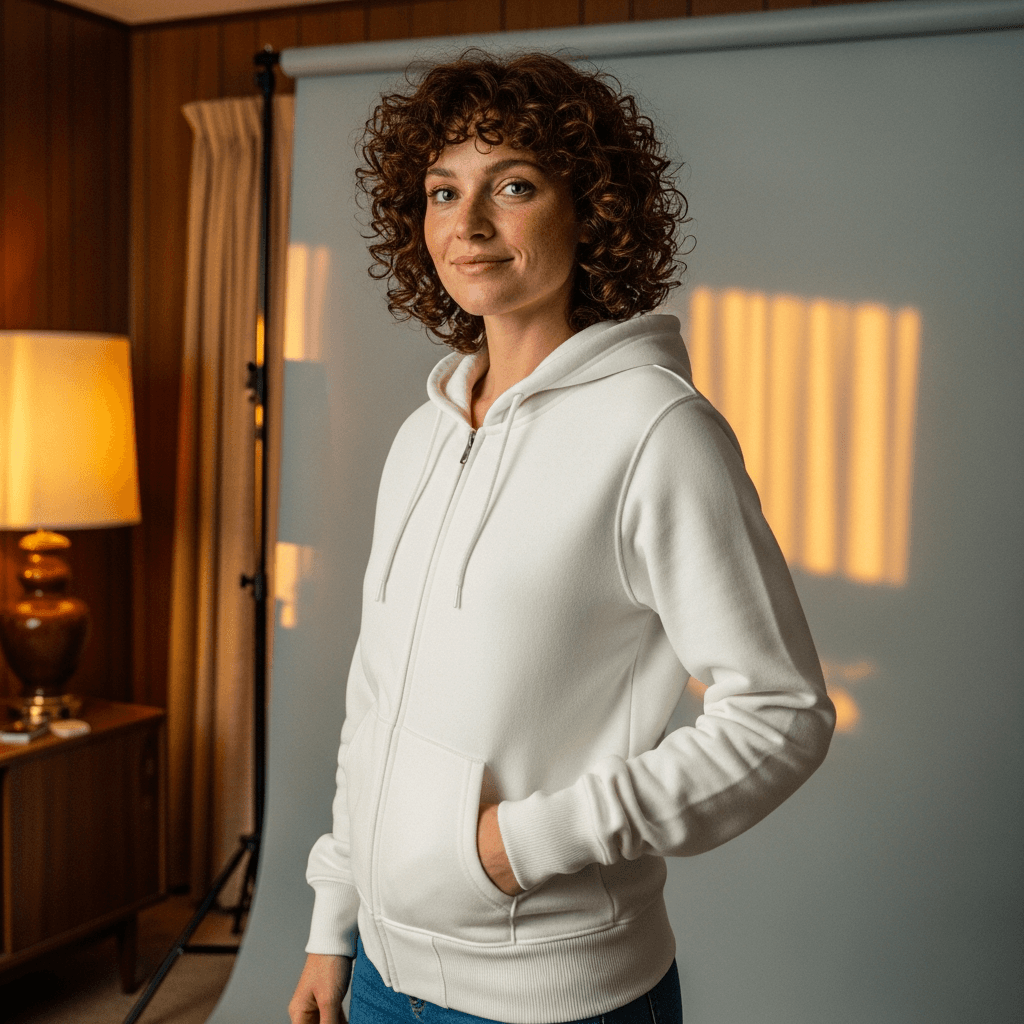 White Zip-Up Hoodie on Female Model – Retro Home