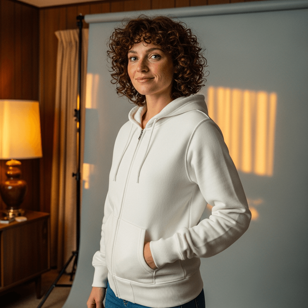 White Zip-Up Hoodie on Female Model – Retro Home
