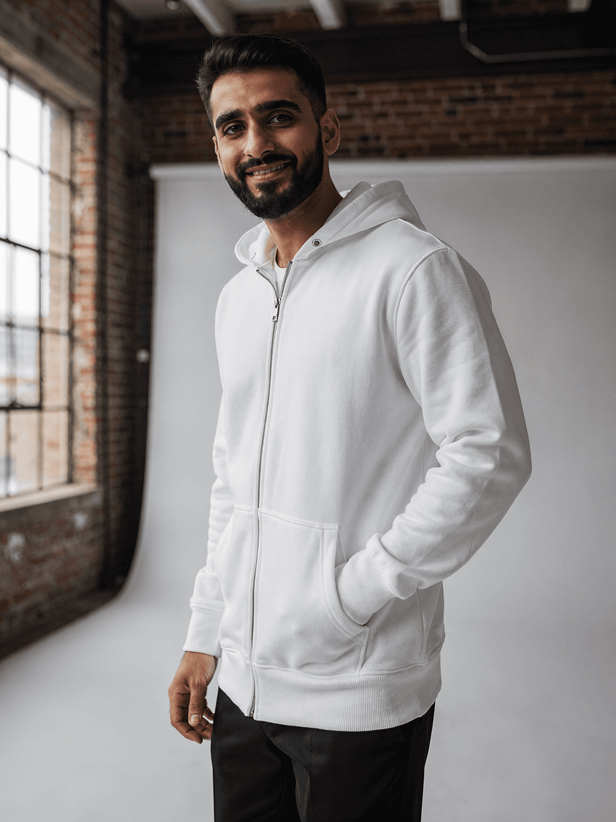 White Tri-Blend Zip-Up Hoodie on Male Model