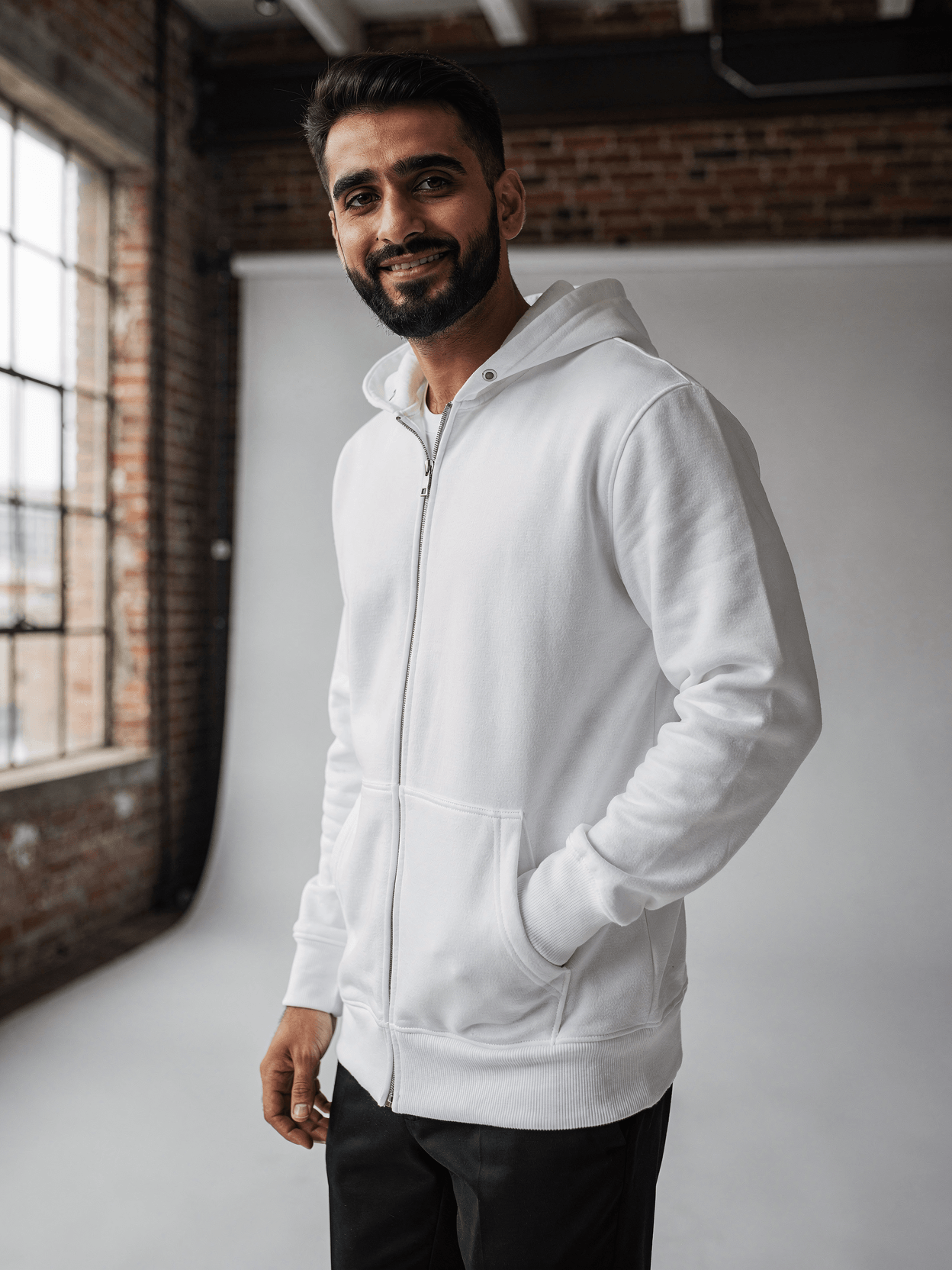 White Tri-Blend Zip-Up Hoodie on Male Model